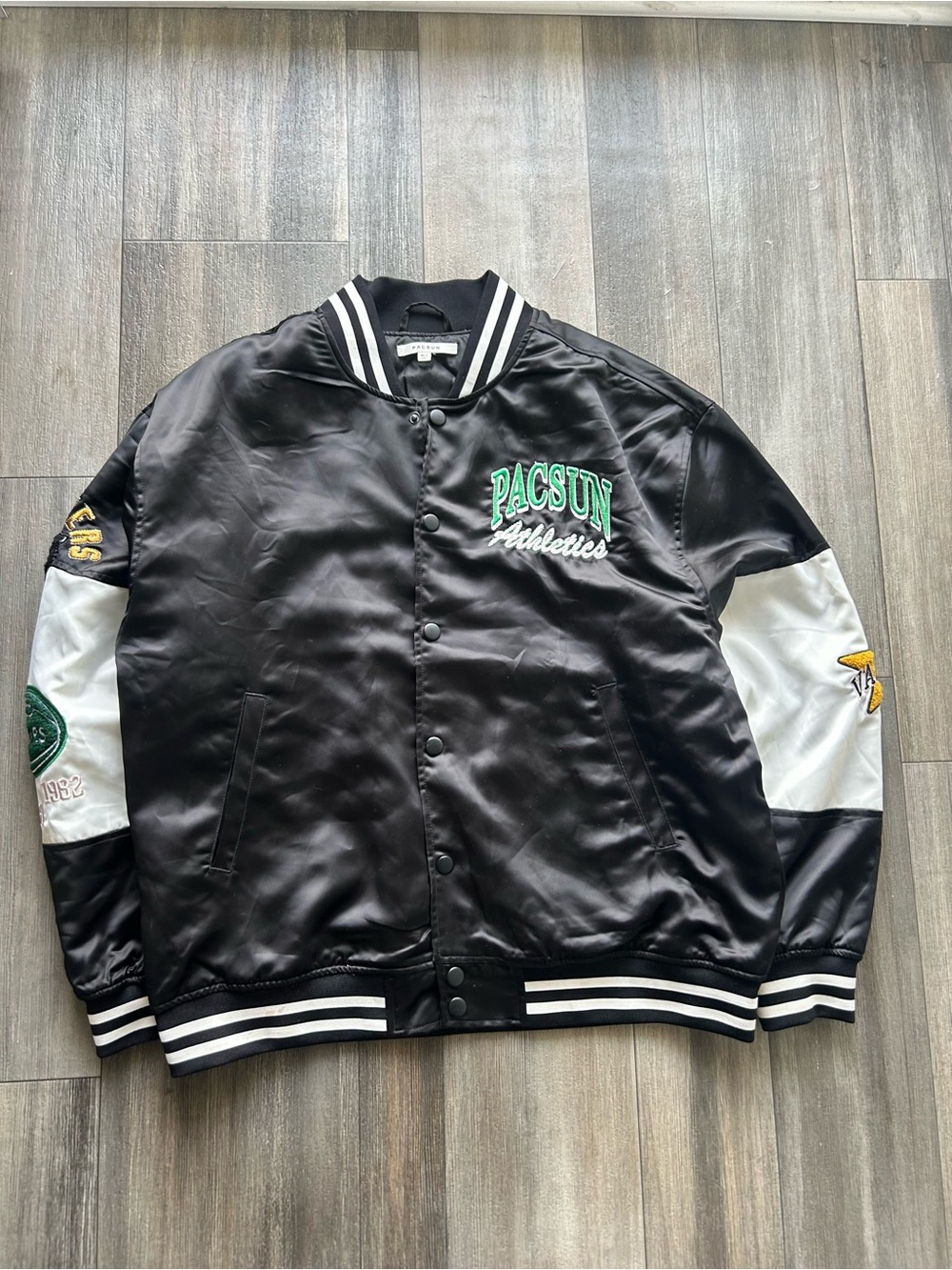 PacSun Black & White Satin Logo Varsity Jacket